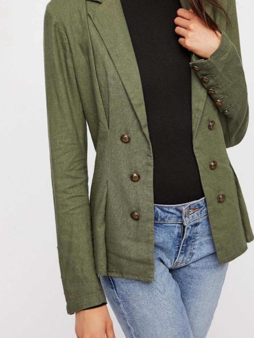 NEW Free People Linen Moss Green Olive Green Bronze Button Cinched Waist Blazer